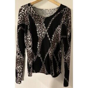Leopard Print Scoop Neck Pullover Stretch Knit Embroidered SM Black Combo